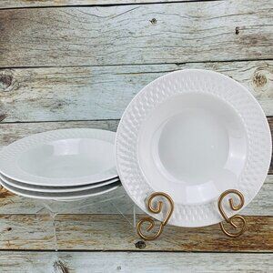 Oneida WICKER White Wide Basket Weave Rim Stoneware Soup Pasta Bowls Set of Four